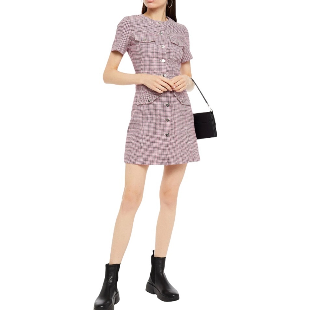 Maje Rida Fuchsia Houndstooth Cotton Blend Jacquard Mini Dress